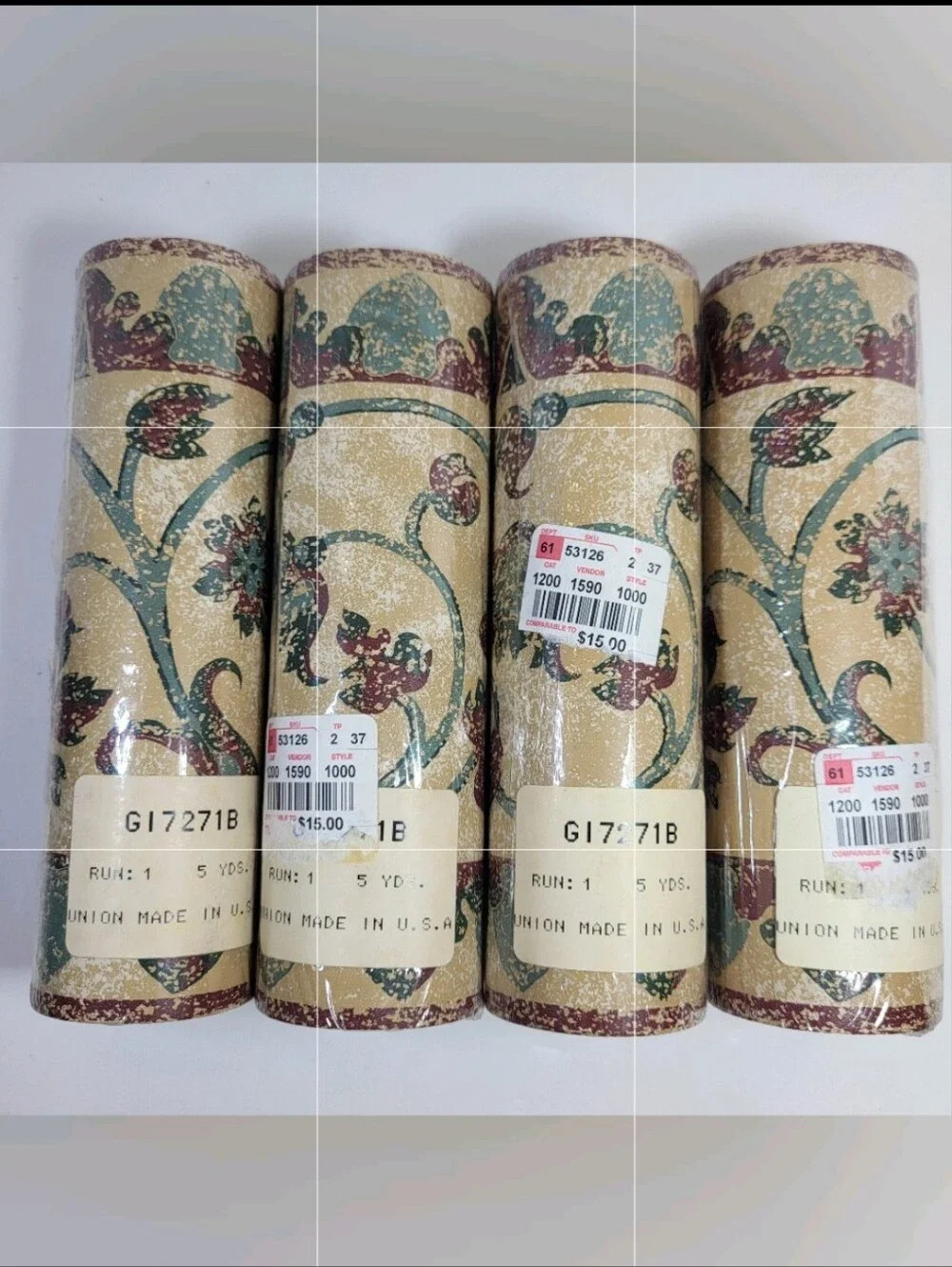 Wallpaper BORDER 4 Rolls Tan Teal Maroon Scroll Vine Floral Leaves 5 Yds Vtg